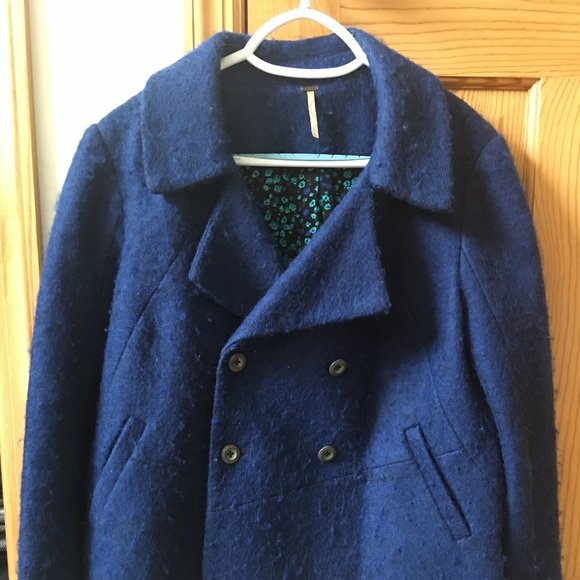 Free People Royal Blue Fuzzy Wool Blend Pea Coat - Picture 3 of 13